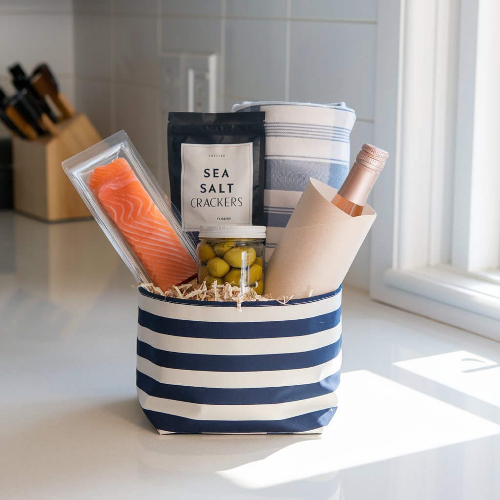 A photo of a kitchen countertop with a navy-and-white striped insulated summer wrapped in colorless package paper gift basket. The basket contains smoked salmon in vacuum-sealed packaging, sea salt in a plain package with the text "Sea Salt Crackers", olives in a plain colorless glass jar, a roll-up picnic blanket, and a chilled bottle of rosé wrapped inside a beige paper. The basket is placed on a bright plain white kitchen countertop, softly lit by natural light from a nearby window.