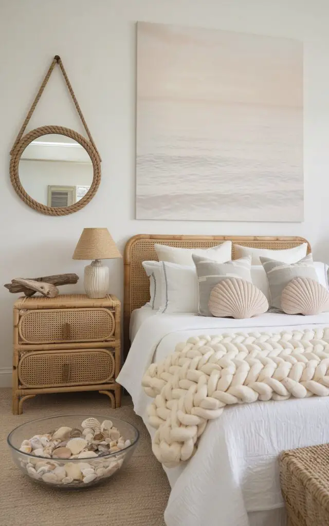 A photo of a summer bedroom with a beach-inspired theme. The room features natural textures and oceanic details. The bed is dressed in white and sand-colored linens, with a chunky knit throw and shell-shaped cushions. A rattan nightstand beside the bed holds a piece of driftwood and a small, sandy-colored lamp. A circular mirror with a rope frame hangs on the wall, reflecting the soft light. Seashells are artfully arranged in a clear bowl, and a large canvas with a soft ocean landscape completes the peaceful, beachy vibe.