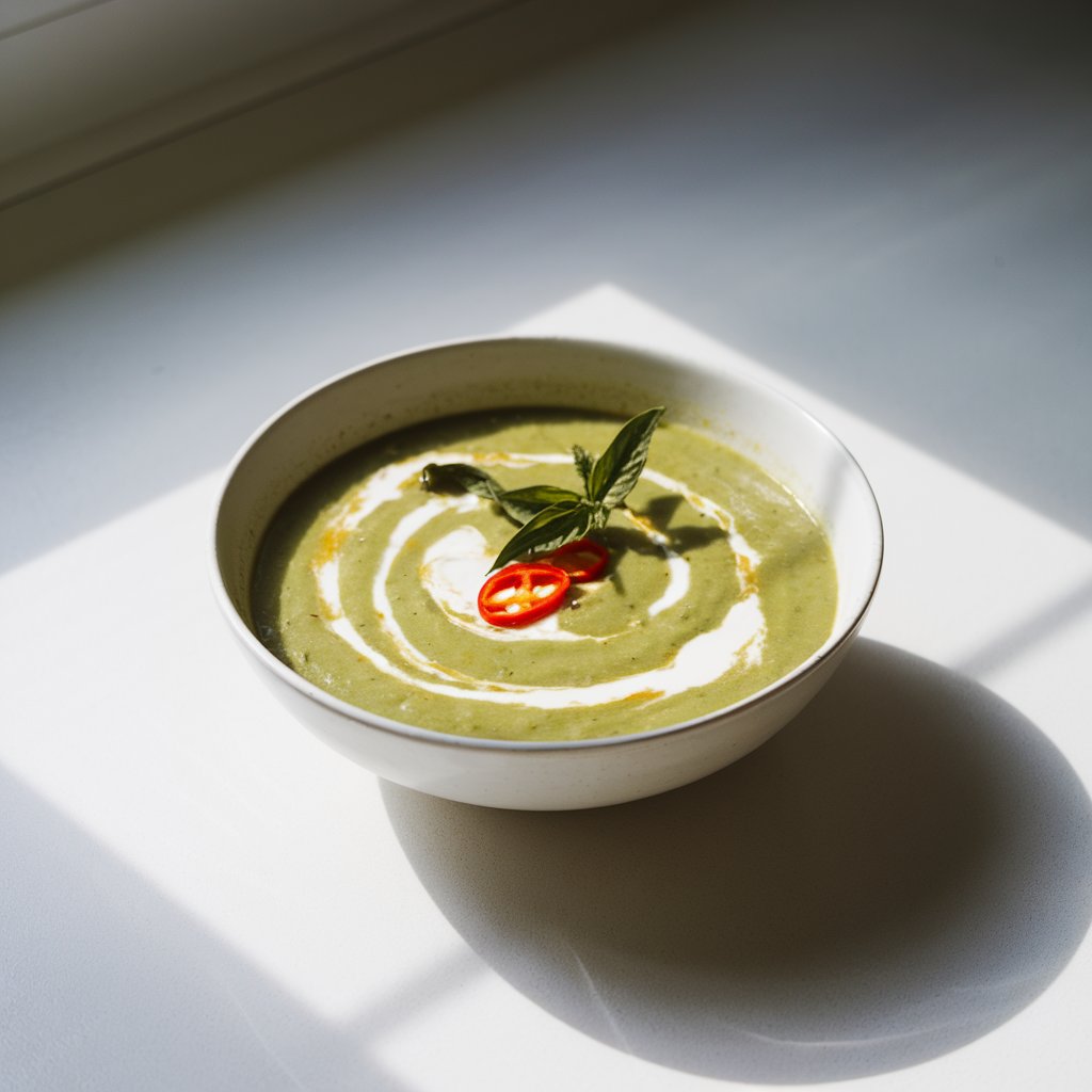 A photo of a pale, creamy green summer soup in a deep white bowl. The soup is placed on a bright plain white kitchen countertop. A swirl of coconut milk and finely sliced red chili float on top, along with a sprig of Thai basil. The natural light from the left side casts soft shadows and gently highlights the soup's silky texture and Southeast Asian inspiration.