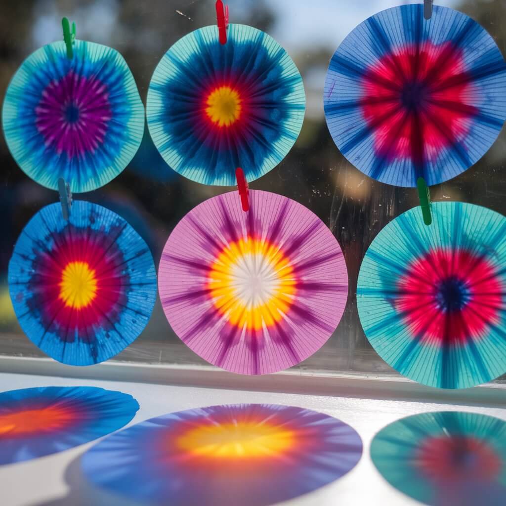A photo of a lively simple homemade craft showing bright, colorful "fireworks" made from round coffee filters. Each coffee filter has been dyed in vivid blues, bright reds, and soft white areas, creating a tie-dye, explosion-like pattern. The filters are pinned lightly to a windowpane, allowing sunlight to shine through and enhance their brilliant colors. The photo captures the glowing effect perfectly, with reflections of the colorful patterns cast onto the floor.