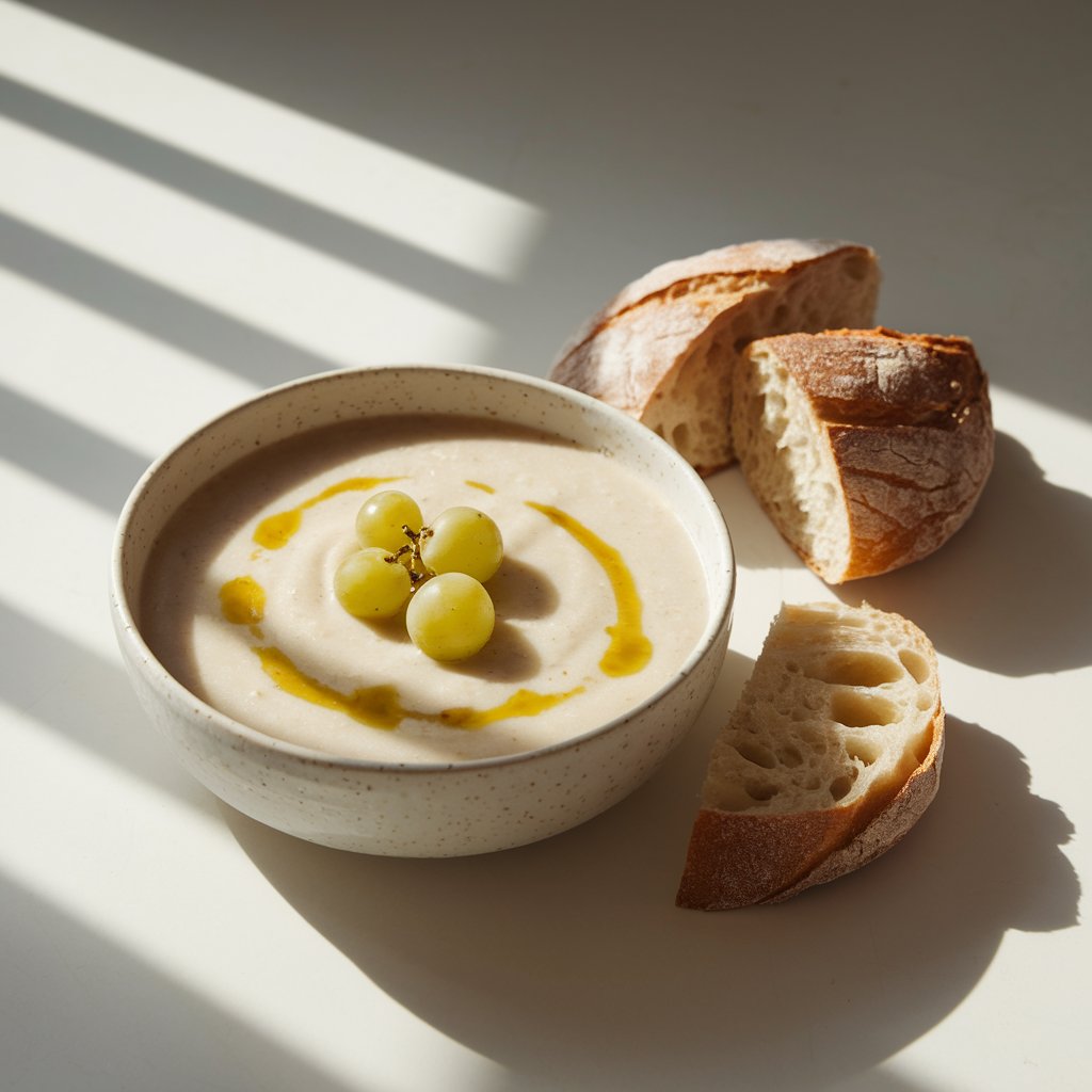 A photo of a smooth, off-white summer soup with a slightly creamy sheen in a deep, minimalist white bowl on a bright plain white kitchen countertop. The soup is garnished with green grapes and a swirl of olive oil. Natural light from the left filters in, creating graceful shadows that define the silky surface and add depth to the pale-toned scene. Rustic bread slices rest nearby.