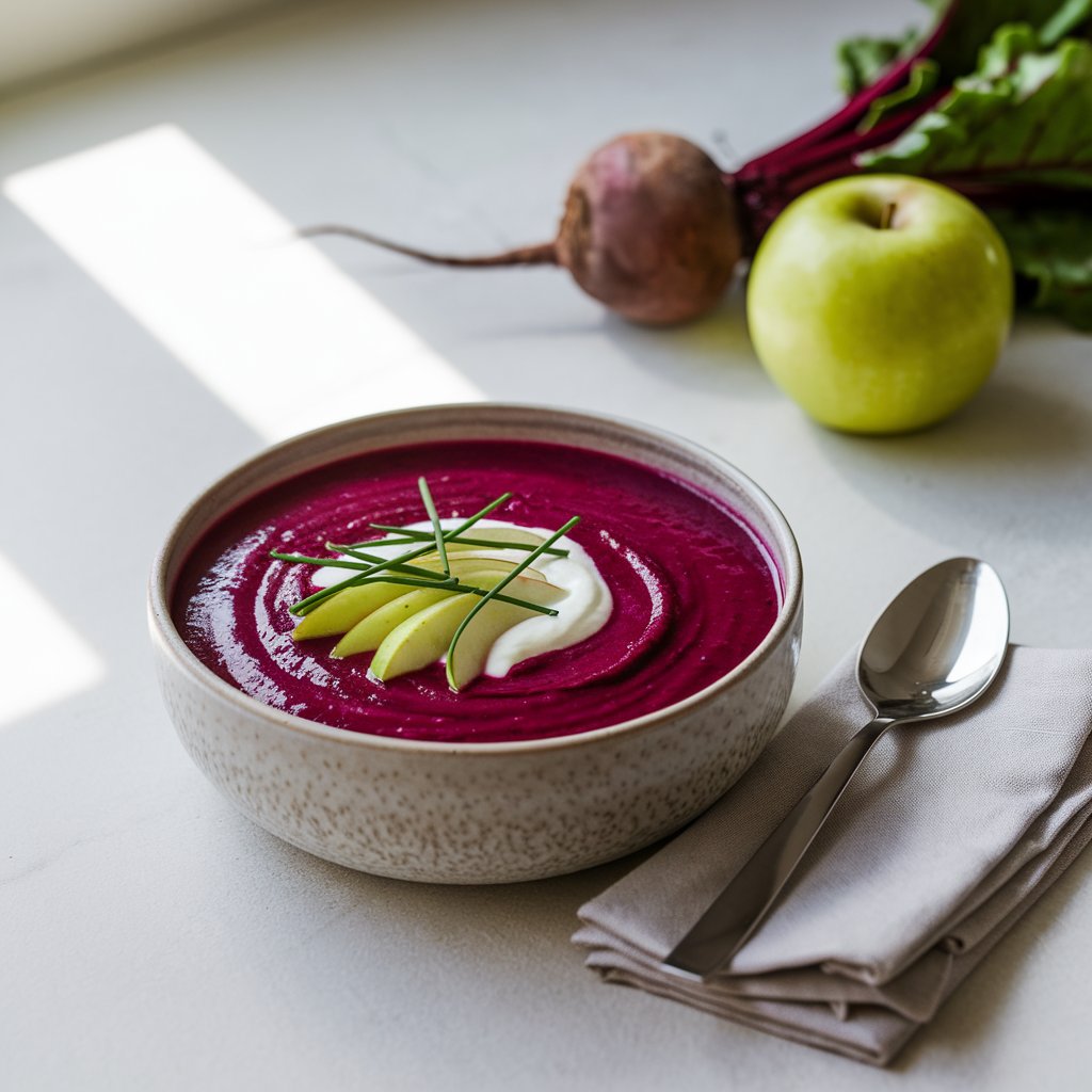 A photo of a deep magenta summer soup with a luxuriously velvety texture in a round matte-white bowl on a bright plain white kitchen countertop. A dollop of sour cream swirls at the center, topped with finely sliced green apple and fresh chives. A raw beet and green apple sit in the softly blurred background. A sleek silver spoon lies to the side on a folded gray napkin. Natural light from the left casts soft, warm highlights on the bowl, bringing out the bold color and creamy sheen of the soup.