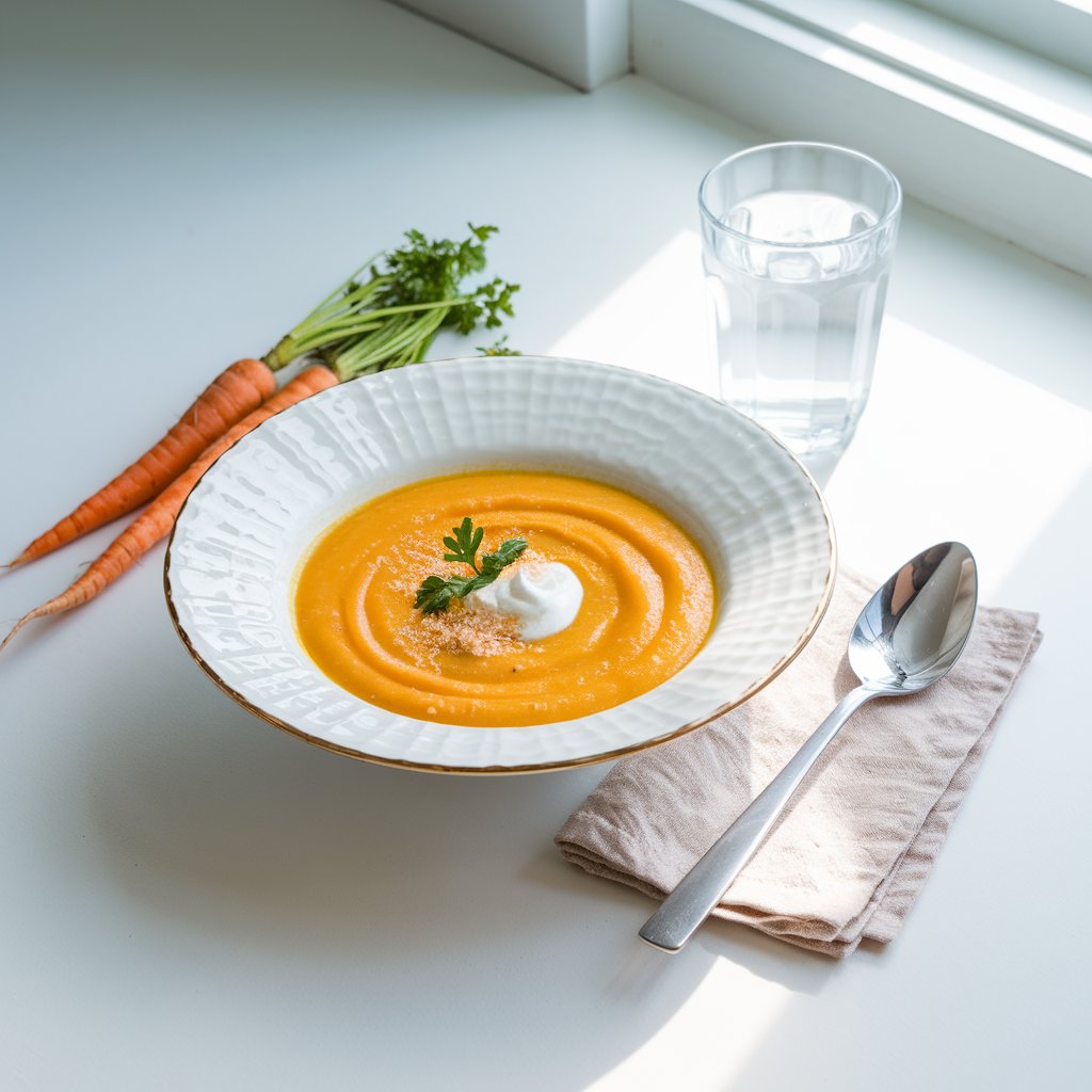 A bright orange summer soup with a silky texture is served in a deep white bowl with a glossy finish, placed on a bright plain white kitchen countertop. The soup is garnished with a swirl of Greek yogurt, a sprinkle of finely grated fresh ginger, and a small sprig of parsley. A glass of sparkling water and a crumpled linen napkin sit nearby. A few raw carrots with their leafy tops peek into the frame. Natural light from a nearby window casts a clean, refreshing glow and adds contrast to the vivid color of the soup.