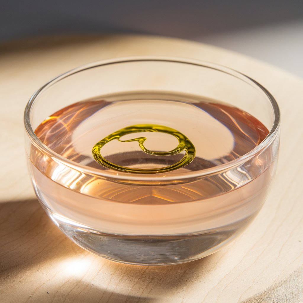 A photo of a clear, pale golden-pink liquid in a delicate glass bowl. The liquid is strained tomato water, with a clean, luminous appearance. Floating atop the liquid is a fine thin swirl of vibrant green basil oil, creating a beautiful contrast. The presentation is minimal and elegant, possibly set on a natural wood surface. There may also be soft, natural lighting to highlight the colors and the subtle texture of the garnish.