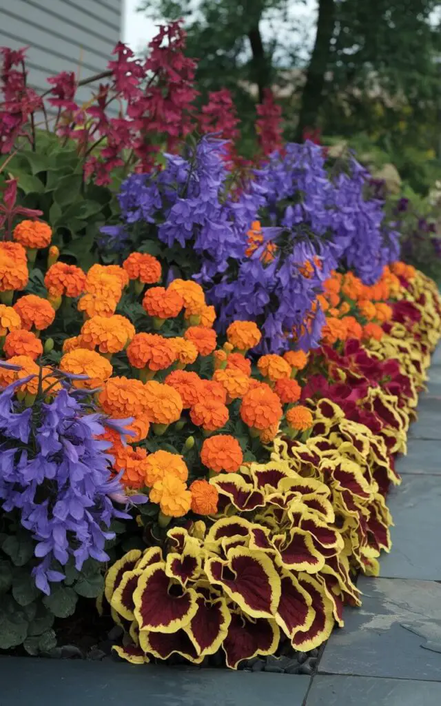 A photo of a vibrant flower bed in front of a house. The flower bed contains orange marigolds, deep blue lobelias, and chartreuse-leaved coleus. The flowers are arranged in a way that creates a strong color contrast. The flower bed is edged with dark stone, adding a modern touch. The overall image has a painterly quality, with the flowers resembling a palette of colors. The background contains a house and trees.