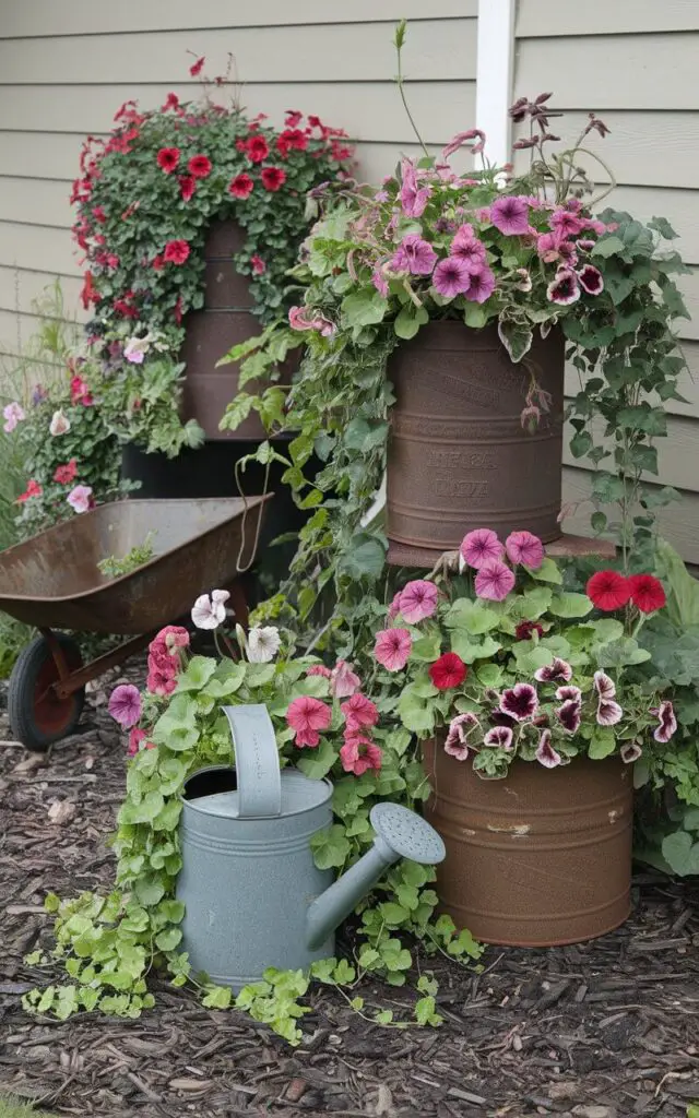 A photo of a flower bed in front of a house. The flower bed is made using unconventional containers, such as a rusty watering can, a rusty old wheelbarrow, and vintage rusty tin tubs. The containers are overflowing with geraniums, petunias, and trailing ivy. The containers are arranged artfully within the bed, which is mulched in dark bark. The result is a flower bed that is also an art installation, with each container adding a burst of character and serving as a focal point among the greenery. The flowers spill out of the edges, creating texture and movement.