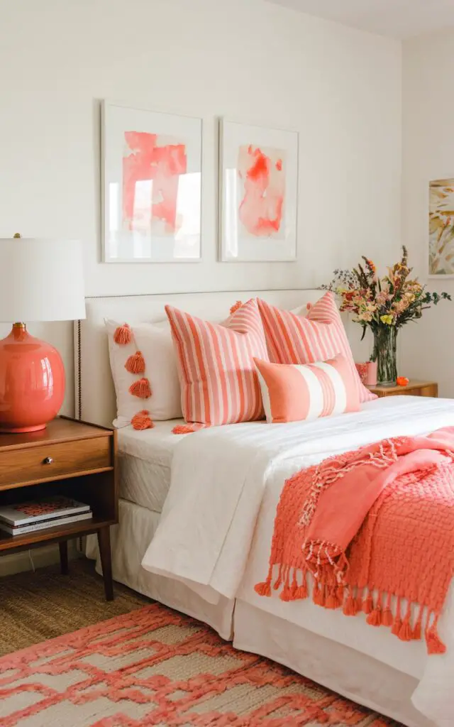A photo of a cheerful summer bedroom featuring vibrant coral details. The room contains a cozy, decorated 5-star bed with a white duvet and pillows in mixed textures of soft coral, peach, and ivory. A coral-colored ceramic lamp sits on a mid-century nightstand beside a vase of wildflowers. Artwork in watercolor tones of coral and blush adds a playful, warm glow. The coral pops subtly throughout the room, offering a refreshing burst of color against the neutral summer backdrop.