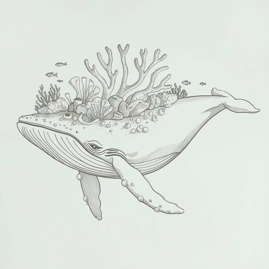 A minimalist, plain white background realistic pencil drawing illustration of a majestic whale adorned with coral and marine life across its back. The whale is drawn in a simplistic style with wide, curved lines and gentle shading. Atop its back, branching coral and anemone shapes are illustrated using fine, delicate strokes. Small fish and sea plants peek between the coral growth, adding intricate texture without overwhelming the minimalist layout. The whale’s slow, peaceful expression brings a sense of wisdom and harmony with nature, while the coral details offer visual contrast within a clean composition.