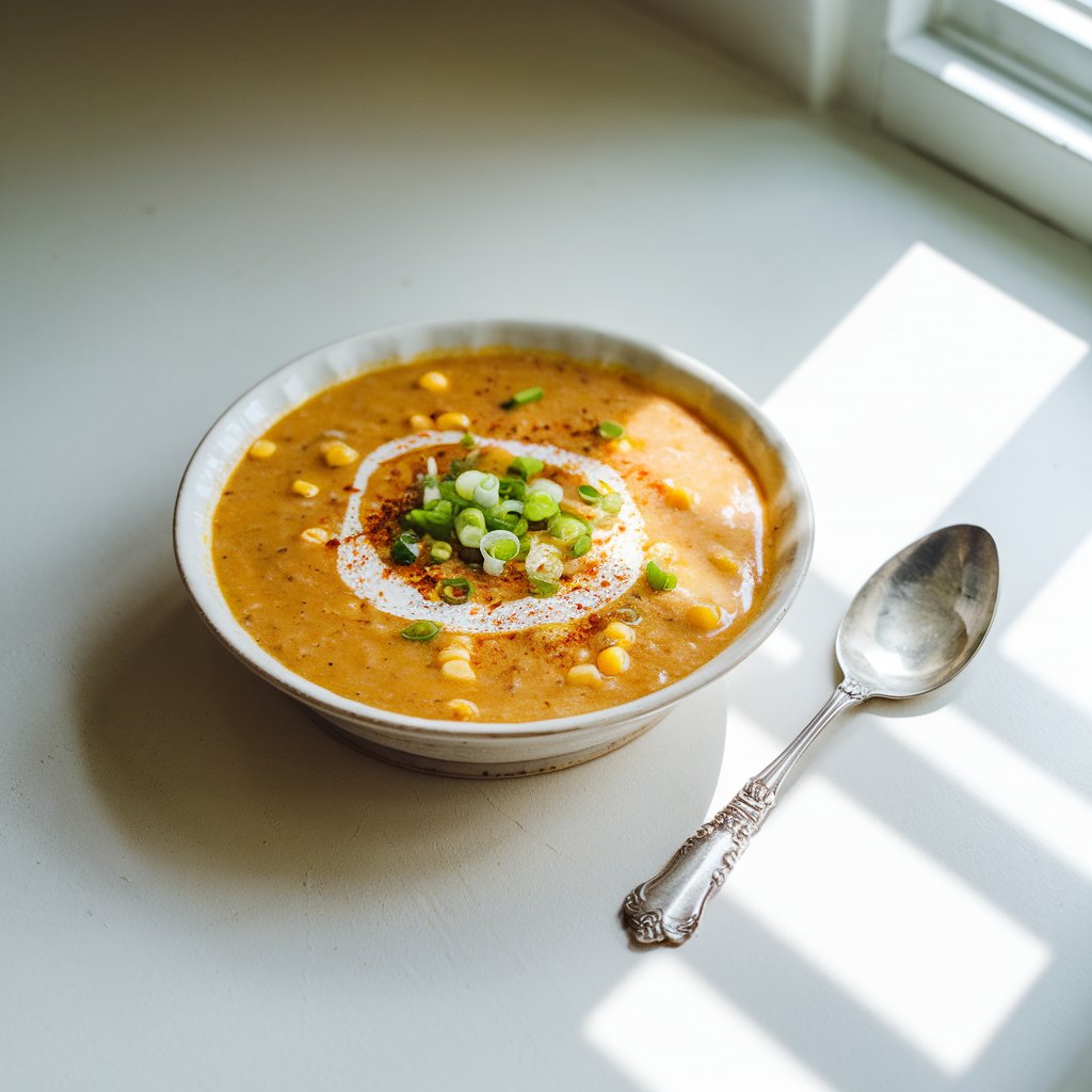 A photo of a golden-hued thick summer soup in a round, shallow white porcelain bowl placed on a bright plain white kitchen countertop. The soup is thick and speckled with visible kernels of sweet corn and finely chopped green onions. A gentle swirl of coconut cream sits on top with a few chopped green onions and a dusting of red chili flakes. A vintage silver spoon rest nearby. Natural light from an unseen window to the right casts luminous highlights across the glossy surface of the soup and faint shadows under the bowl. Potatoes are seen.
