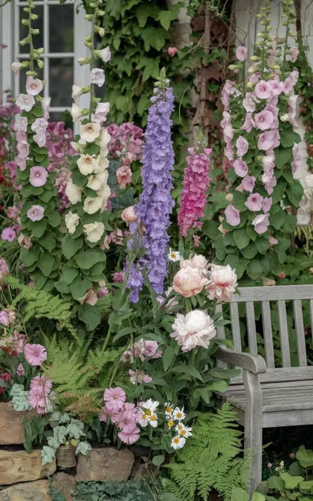 A close-up photo of a cottage garden flower bed in front of a house. There are tall hollyhocks with pastel blooms, delphiniums, peonies, and daisies. The planting is dense and untamed, with petals spilling over rustic stone borders. Ferns and groundcovers fill in the gaps, adding lush greenery and texture. A weathered wooden bench sits nearby, partially framed by the flowers. The mix of blooms, in various stages of opening, captures a lived-in, enchanted look that defines the cottage garden aesthetic.