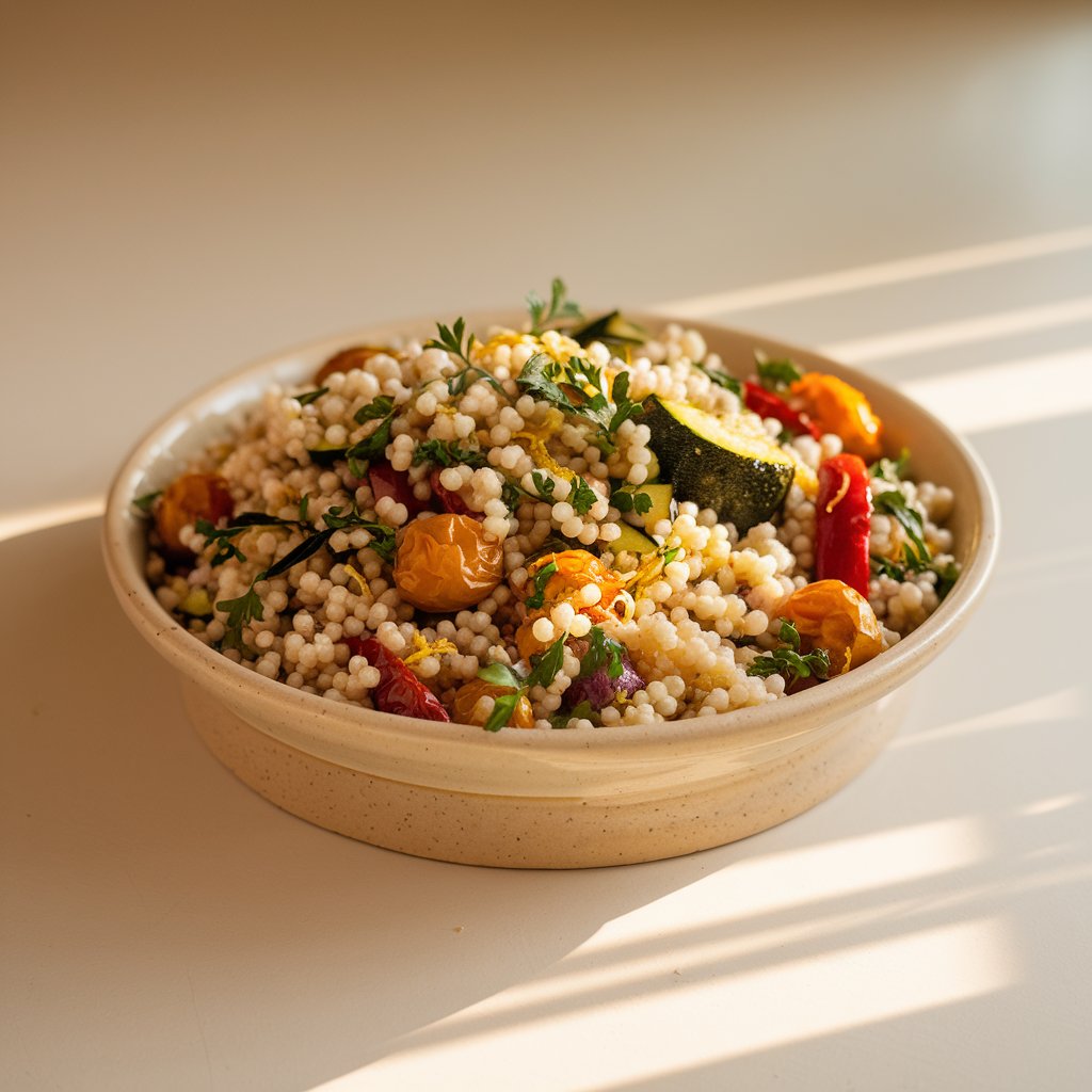 A photo of a beige ceramic bowl filled with tiny pearl couscous salad. The salad is tossed with roasted zucchini, roasted red bell peppers, and roasted golden cherry tomatoes. There are flecks of parsley and lemon zest visible throughout the dish. The bowl is placed on a bright plain white kitchen countertop. The dish is lit from the left by warm natural light, creating a soft glow across the couscous grains and roasted vegetables.