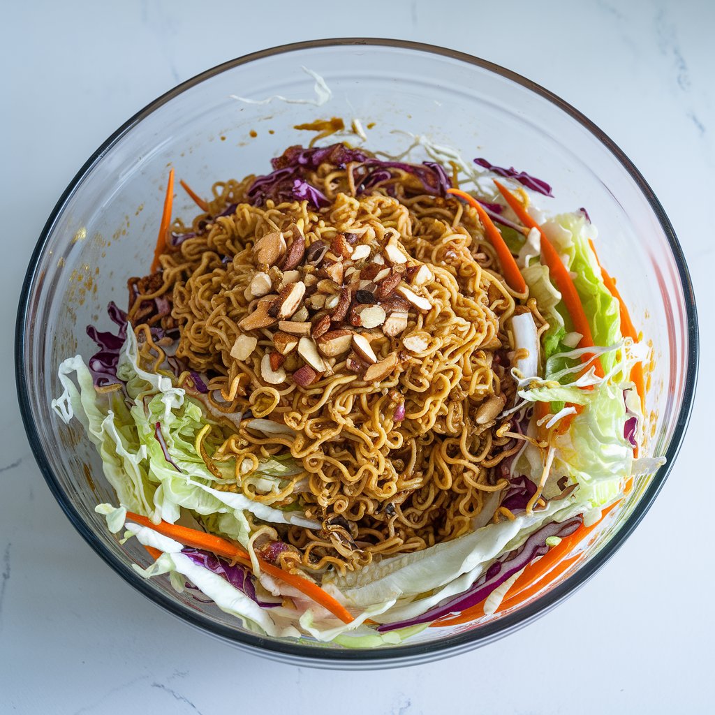 A clear glass mixing bowl on a white kitchen countertop contains a summer salad. Cooked oil and shiny crumbled raw ramen noodles are mixed with shredded cabbage, julienned carrots, and scallions. The mixture is tossed in a sesame-soy vinaigrette and topped with toasted almonds. The noodle peek is on top. The texture is crisp, and the color palette is vibrant with whites, purples, and oranges. The dish is lit by clear natural light, enhancing the golden crunch of the noodles and the shimmer of the oil-based dressing.