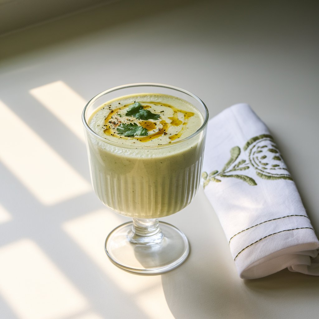 A photo of a pale green summer soup in a tall, clear glass bowl. The soup has a frothy surface and is placed on a bright plain white kitchen countertop. The soup is topped with a drizzle of olive oil, black pepper garnish, and cilantro. A folded white napkin with green embroidery is placed near the bowl. The presentation is clean and contemporary. Natural light from the left side adds a soft, glowing effect and emphasizes the creamy, fresh texture of the soup.