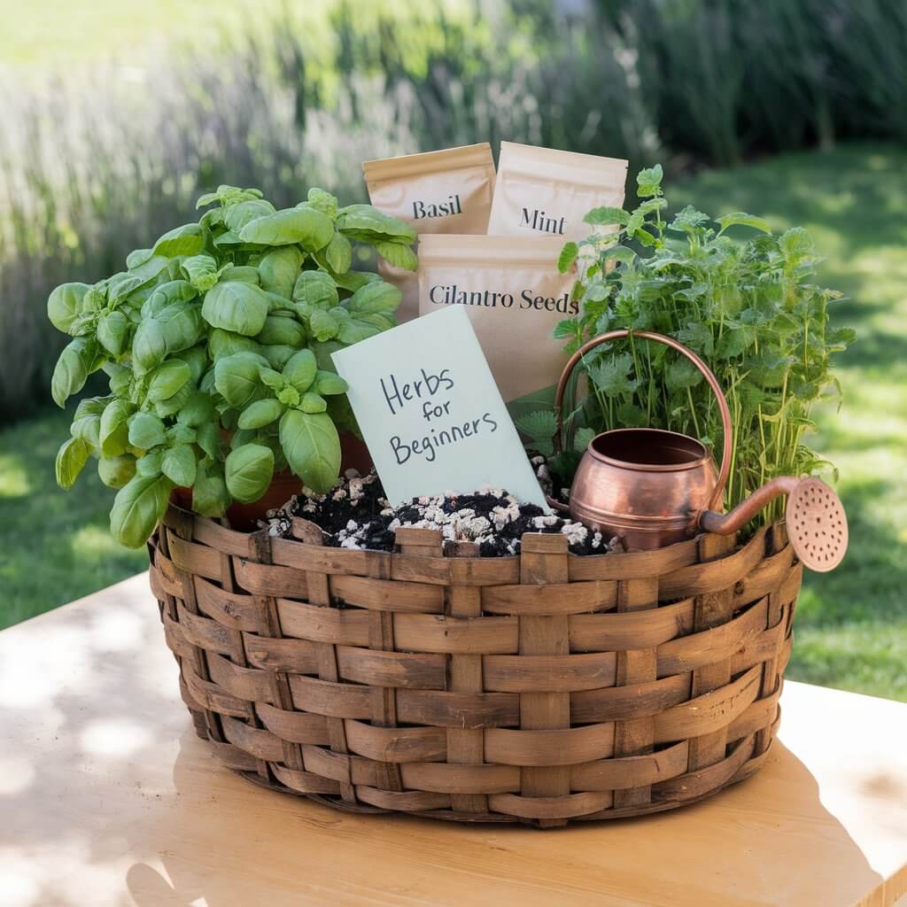 A photo of a large rustic wooden summer gift basket overflowing with gardening charm. The basket is placed on a bright plain wooden outdoor table bathed in gentle natural light. Inside the basket are a plain stack of three biodegradable pots, three beige packets with the text "basil", "mint", and "cilantro seeds", soil pellets, and a small copper watering can. A handwritten guide labeled “Herbs for Beginners” peeks from between the pots.
