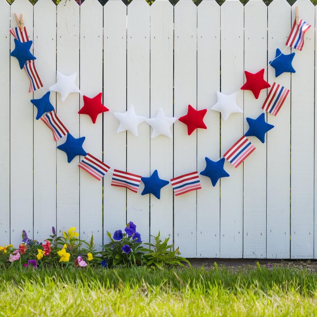 A festive scene of a simple homemade craft. There is a hand-strung garland made of felt stars and paper stripes in vibrant red, white, and blue colors. The garland is draped elegantly across a white wooden fence. The grass is bright green, and there are colorful flowers blooming underneath the fence. A few clothespins hold the garland in place, and a soft summer breeze lifts some of the stars gently upward.