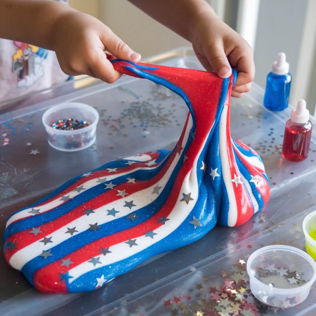 A photo of a child's hands squishing and pulling red, white, and blue slime on a clear plastic table. The slime has sparkly glitter and tiny metallic star confetti embedded throughout, catching the light beautifully. The slime is stretched and swirled across the table, forming a big gooey ball with bits stretching and drooping in funny shapes. The table has a playful atmosphere, with small open containers of extra glitter, star sprinkles, and colored glue bottles at the edges.