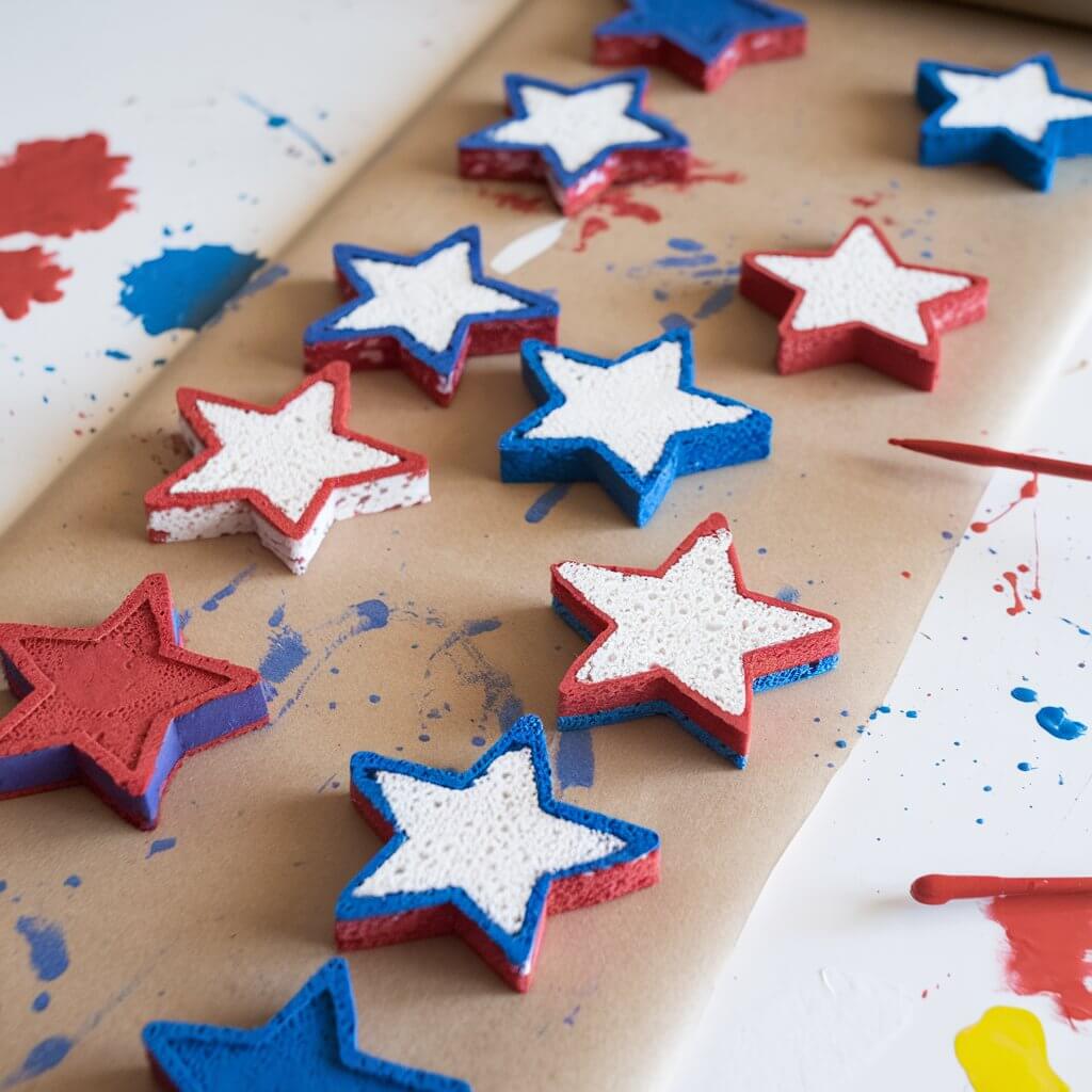 A photo of a simple homemade craft with hand-cut sponge and potato stamps shaped like stars. The stamps are dipped into vibrant red, white, and blue paint. They are used to create patterns on a large roll of kraft paper, forming a DIY table runner. Splashes and smudges of color around the work area show kids' joyful creativity.