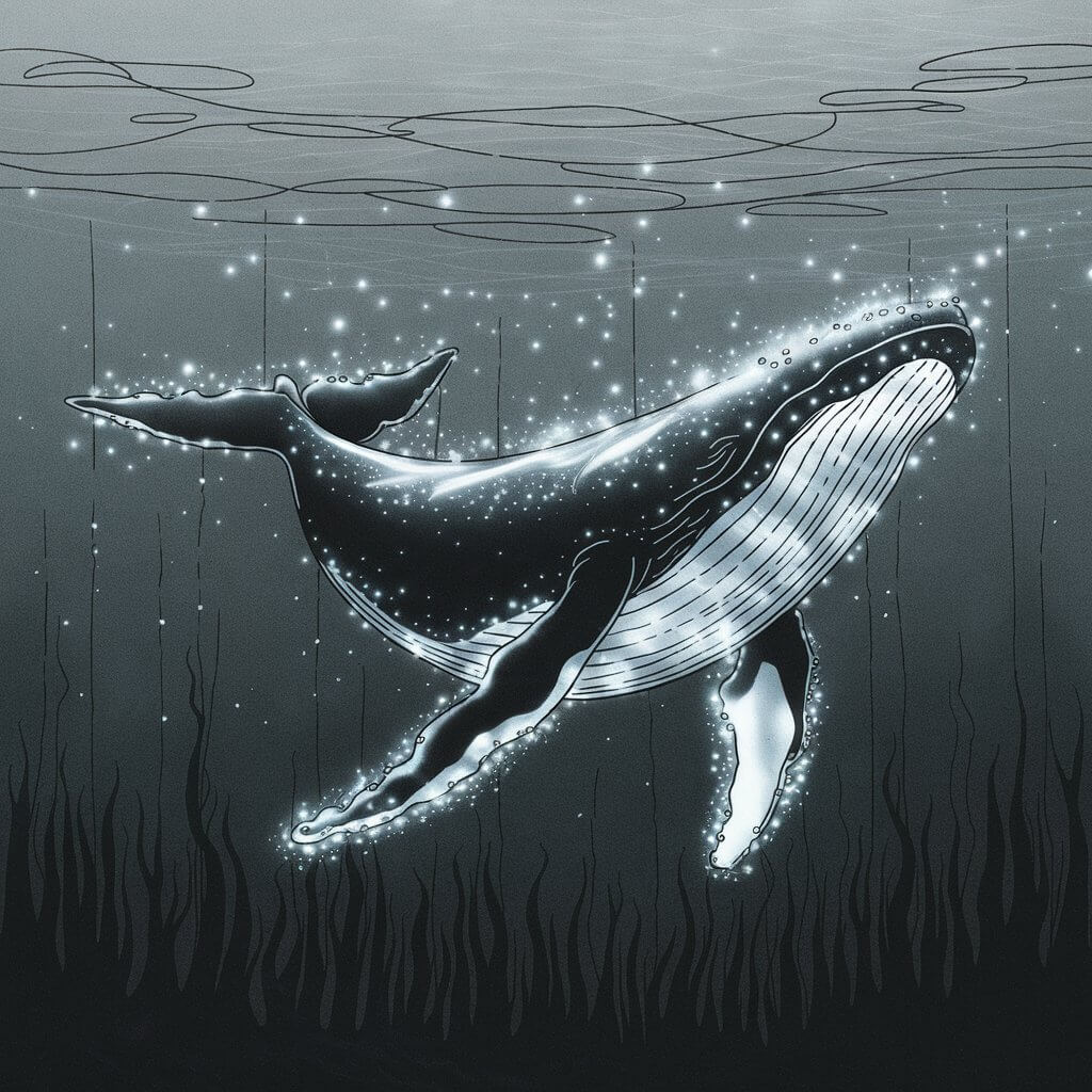 A minimalist, plain white background pencil drawing illustration of a deep-sea whale. The whale's body is illuminated by glowing, bioluminescent patterns. The whale is drawn in a simplistic style, with smooth, flowing lines outlining its large form. The glowing patterns are lightly shaded with small, scattered dots and swirls along its body, giving it an ethereal, underwater glow. The dark depths of the sea are implied with soft, minimal lines around the whale, leaving the focus on the whale’s radiant patterns. The overall scene feels mysterious and calming, capturing the beauty of the deep ocean.