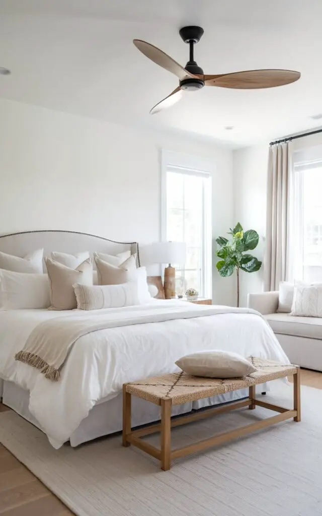 A photo of a chic summer bedroom centered around style and comfort. The 5-star bed features crisp white bedding, accented with light tan pillows and a woven cotton throw. A sleek, matte black ceiling fan with natural wood blades spins quietly above the bed, keeping the space cool. The room contains neutral-toned furniture and light hardwood floors, adding a clean, modern touch. A small potted plant in the corner brings life to the room, reinforcing the calm, summery atmosphere.