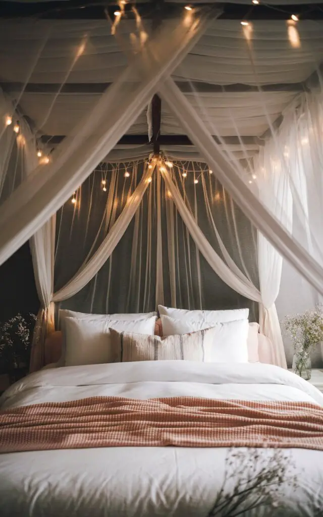 A photo of a romantic summer bedroom with a soft, airy canopy. The room has a 5-star bed draped with a gauzy white canopy that falls delicately from the ceiling, enveloping the bed in a light, floaty cocoon. The bedding is crisp white with a blush-toned cotton throw and oversized pillows. String lights are woven through the canopy fabric, casting a warm, golden glow. A few wildflowers in a glass jar on the bedside table complete the whimsical, fairytale summer scene.