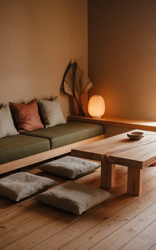 A serene Japanese living room with earthy tones. The walls are painted in a soft clay beige, and the floor is covered in warm oak planks. A Japanese low platform sofa in moss green sits beside a chabudai table made of light pine wood. The cushions are dyed in subtle shades of stone, bark, and fog. A washi lamp glows in the corner, casting golden light. The minimalist decor includes a handmade ceramic bowl and a dried grass arrangement.