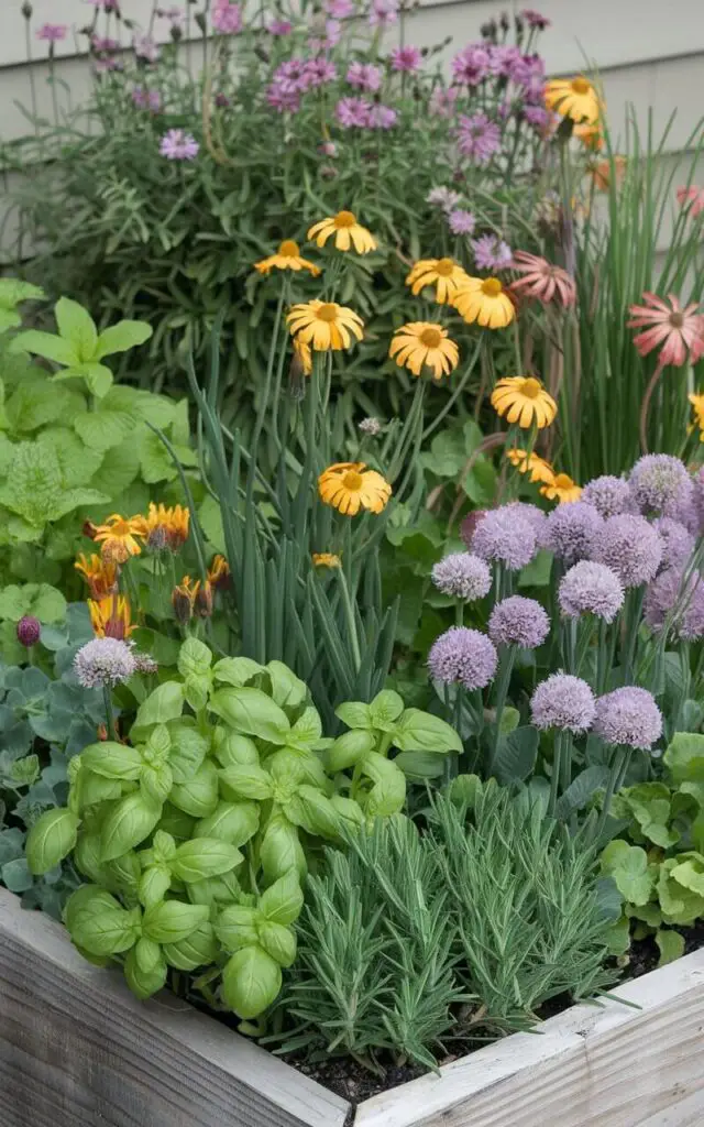 A photo of a unique flower bed in front of a house. The bed is decorated with a mix of herbs and vibrant flowers. The herbs include basil, mint, green onions, garlic chives, and rosemary. The flowers are calendula, nasturtiums, and purple chive blossoms. The bed is edged with wooden planks, giving it a raised profile and rustic charm. The flowers and herbs intermingle freely, their different textures and scents creating a multisensory garden.