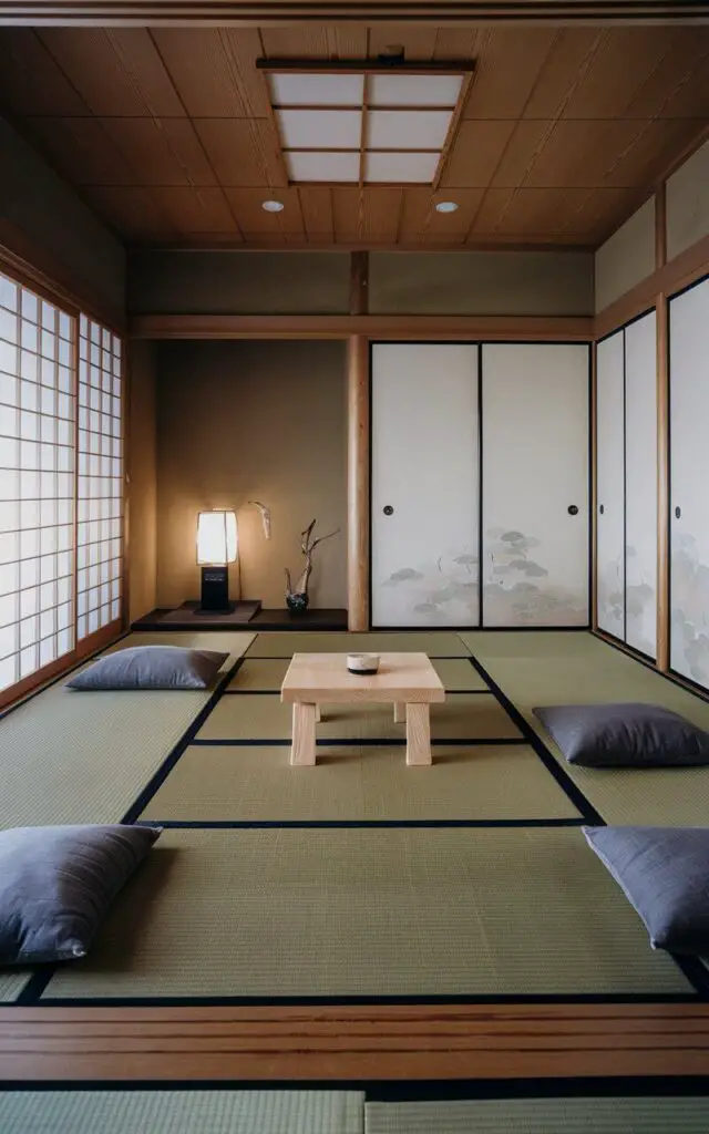 A serene Japanese living room with a raised tatami platform. The platform serves as a distinct seating area, with a minimalist Japanese low platform sofa placed on its edge. A square chabudai table in natural ash wood is also on the platform. Floor cushions line the opposite side for additional seating. Soft overhead lighting casts a tranquil glow over the space. Shoji panels and muted plaster walls frame the area, highlighting the architectural simplicity. The platform provides a layered spatial experience, with a quiet, grounded atmosphere.
