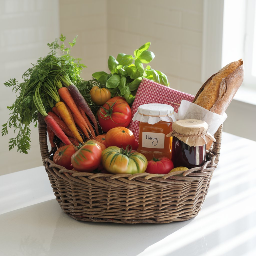 A photo of a rustic woven summer gift basket brimming with colorful, fresh produce. The basket is placed on a bright plain white kitchen countertop under soft natural light. Inside the basket are heirloom tomatoes, rainbow carrots with leafy tops, fresh basil, and a crusty baguette wrapped in parchment. A small plain glass jar of golden honey with a label "honey" and a jar of jam with a kraft paper label sit snugly beside a red gingham napkin.