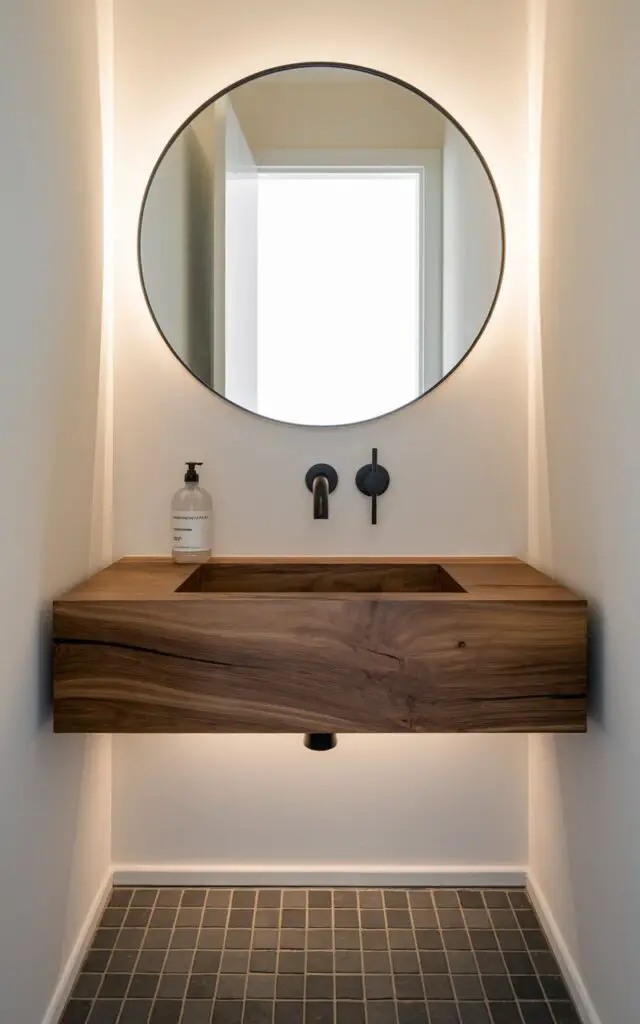 A photo of a small powder room with a sleek, suspended walnut wood vanity. The vanity holds a rectangular sink with a matte black wall-mounted faucet. A translucent soap bottle with clean text branding is placed on the corner. The floating vanity exposes the tiled floor, creating an illusion of more space. Above, a round frameless mirror reflects the bright open white door in the background, visually enlarging the narrow room. Subtle under-vanity lighting adds a soft glow, enhancing the minimalist and modern atmosphere.