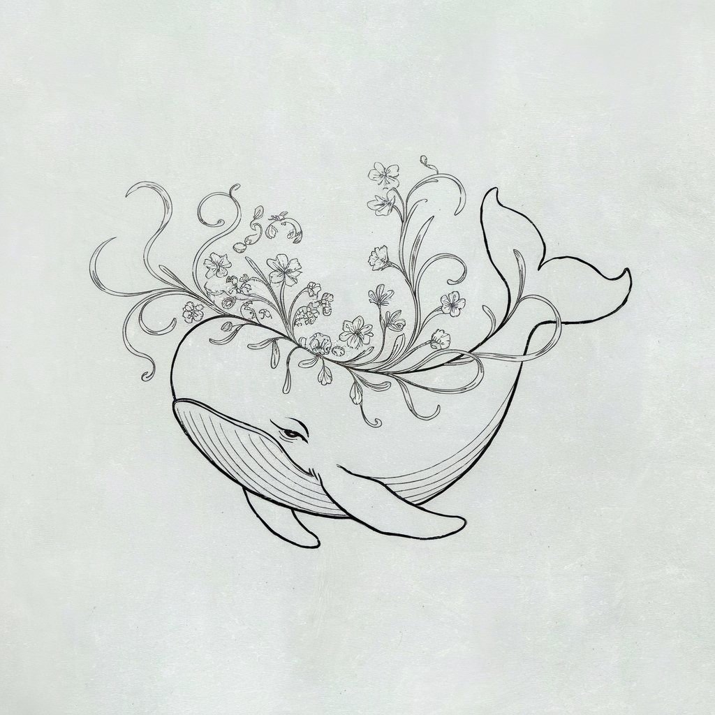 A minimalist, plain white background pencil drawing illustration of a whale with a delicate floral arrangement growing from its back. The whale is drawn in a simplistic style, with smooth, curved lines outlining its body. Soft, flowing vines twist around its fins and tail, while flowers bloom in clusters on its back. The flowers are drawn with light, gentle strokes, emphasizing their softness against the whale’s rounded shape. The entire scene feels serene and natural, with the gentle curves of the whale complementing the organic flow of the plants growing on it.