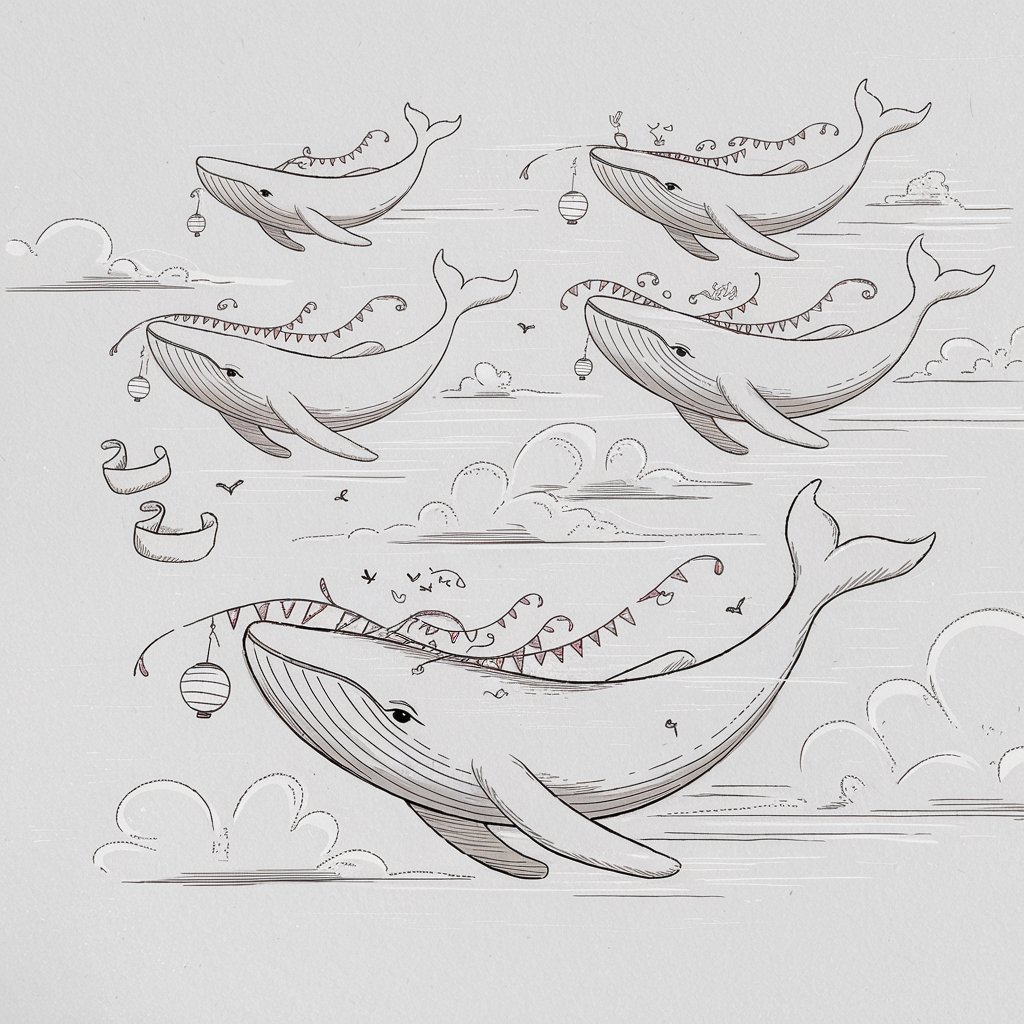 A minimalist, plain white background pencil drawing illustration of several flying whales drifting like parade floats through the sky. Each whale is drawn in a simplistic style, with smooth outlines and light, graceful curves. They are decorated with whimsical details such as banners, streamers, and floating lanterns lightly sketched in soft strokes. Their fins and tails are gently angled to suggest upward motion, while tiny clouds and birds surround them for scale. The whales wear joyful expressions, and the entire drawing feels magical, weightless, and full of movement—all while staying delightfully minimal.