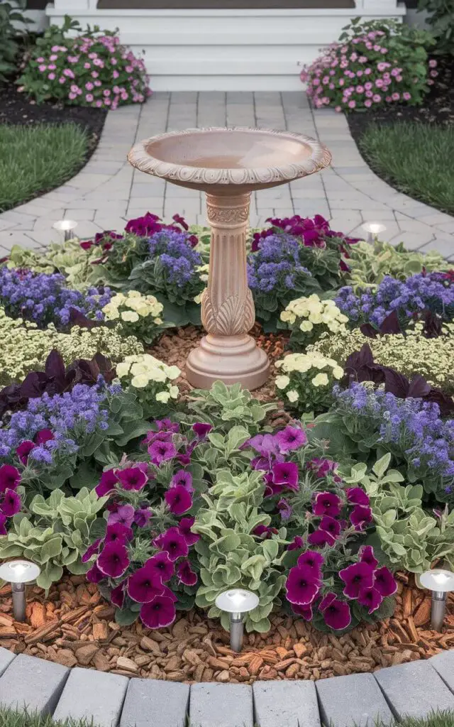 In this elegant close-up, a flower bed is neatly decorated in the front of the house with a striking birdbath as its focal point. The ornate pedestal birdbath stands in the center, surrounded by symmetrical plantings of salvia, echinacea, and petunias in complementary colors. The design radiates outward, forming a perfect circle. Small solar-powered lights are embedded along the edge, ready to illuminate the display at night. The bed is framed with stone bricks and mulched in a uniform color, giving it a pristine, manicured look. The overall composition draws attention instantly and adds grandeur to the home's entrance.