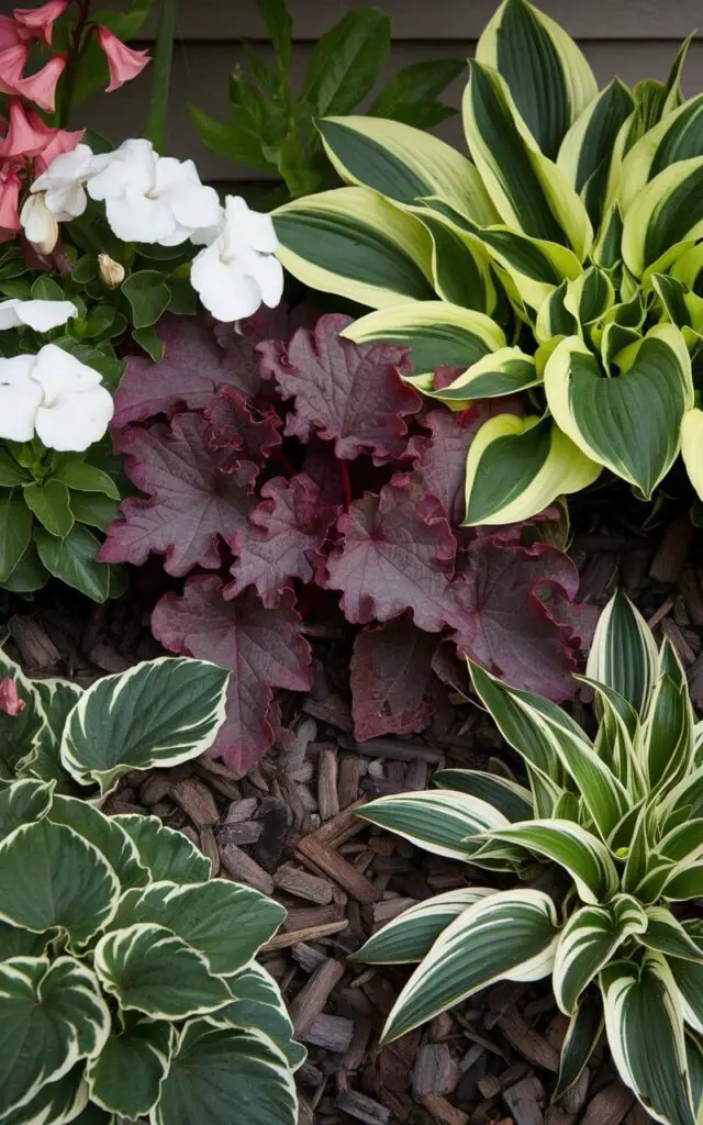 A highly detailed close-up of a flower bed in front of a house, focusing on contrasting foliage textures and colors. Deep burgundy heuchera sits beside lime green hostas, creating a striking palette. The flowers—soft white impatiens and coral bells—serve as subtle accents among the leaves. The close-up shows the way each leaf shape contributes—broad, spiky, ruffled—to a visual rhythm. Dark brown mulch fills in between plants, highlighting the foliage variety. The overall look is structured yet lush, proving that sometimes leaves can steal the show in a flower bed.