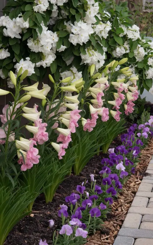 A close-up image of a flower bed filled with tall, fragrant lilies and sweet peas near the pathway. Clusters of blooming jasmine and gardenia are also present, filling the air with their scent. The flowers are arranged for staggered bloom times, ensuring a constant fragrance. The flower bed is trimmed neatly, with dark soil and pine bark mulch providing a tidy, rich base. The flowers serve as a floral welcome mat for anyone approaching the home.