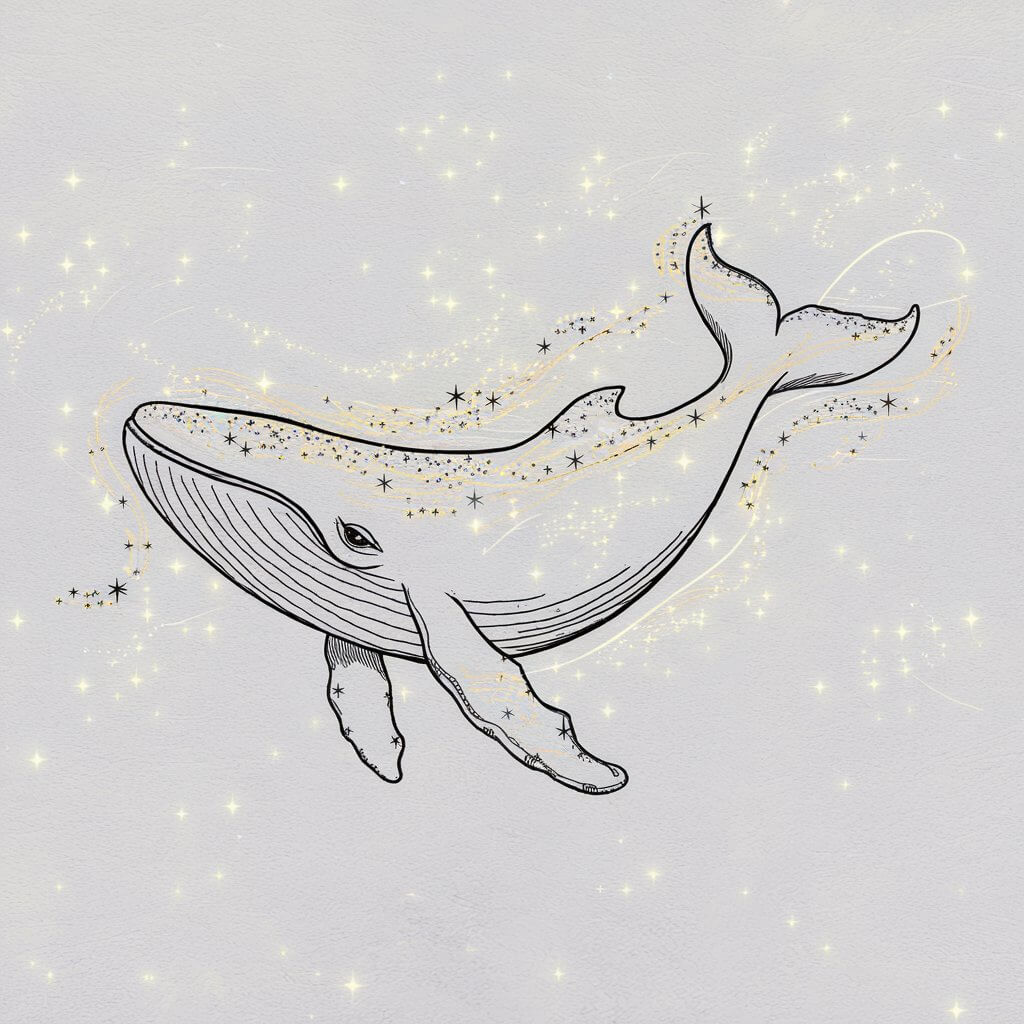 A minimalist, plain white background pencil drawing illustration of a majestic whale swimming through a cosmic galaxy. The whale's body is drawn in a simplistic style, filled with small, scattered stars and swirling nebulas that occupy its outline. Each star is carefully drawn, with soft, glowing effects that create a contrast with the plain background. The tail and fins are subtly detailed, with thin lines to give texture, while the body retains its clean simplicity. The whale glides calmly amidst the celestial scenery, emphasizing its graceful motion and the vastness of the universe around it.