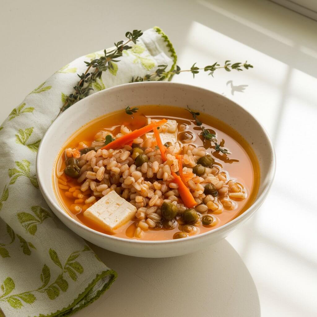 A photo of a bowl of a thick summer soup made from a clear, herb-infused oily orange broth. The soup contains cooked farro, tofu cubes, thin carrot ribbons, and tiny brown green peas. The bowl is placed on a bright plain white kitchen countertop. Floating sprigs of thyme and parsley add charm and aroma. A linen napkin with a green floral edge rests beside the bowl. The broth glows golden in the soft natural light coming from the side, and the farro's grainy texture becomes a rustic focal point.