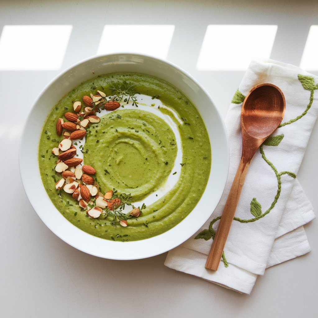 A photo of a wide white soup plate filled with a vibrant, jade-toned summer soup on a bright plain white kitchen countertop. The soup is thick and smooth, flecked with herbs. Toasted almonds and a swirl of crème fraîche are on top of the soup. A wooden spoon and a white cotton napkin with embroidered vines are placed beside the soup. The natural light from above enhances the vibrant green color and adds dimension to the garnishes, making the dish look garden-fresh and ultra-refreshing.