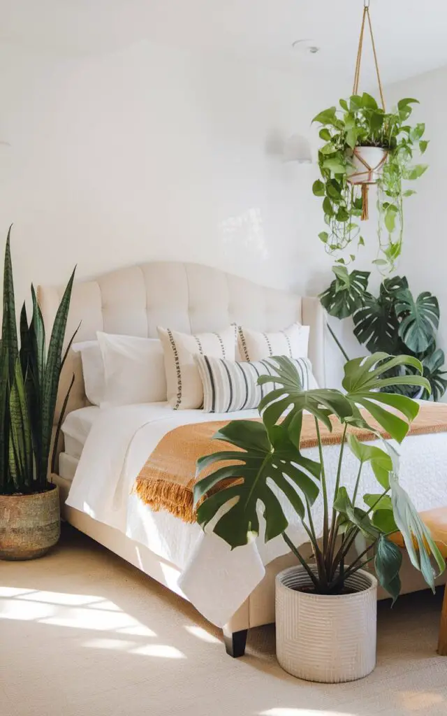 A photo of a bright and lively summer bedroom with a five star upholstered bed. The bed is framed by potted plants on both sides—a tall snake plant, a leafy monstera, and hanging pothos from a ceiling hook. The white bedding and soft tan throw add warmth while letting the vibrant greens pop. Natural light enhances the freshness of the room, giving it a rejuvenating, garden-like feel right indoors.
