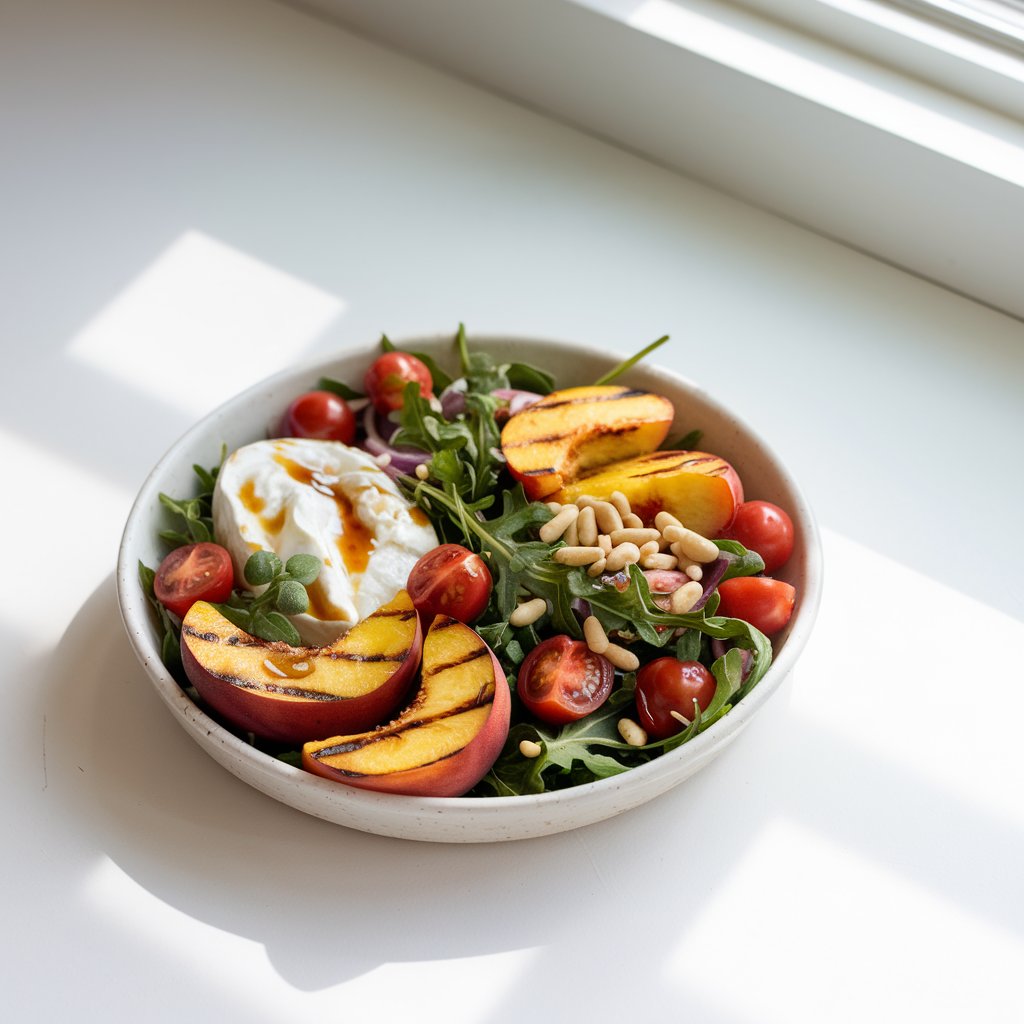 A shallow white ceramic bowl holds a vibrant summer salad of a mixture of crescent halved grilled peaches with distinct oily caramelized grill marks, nestled next to torn burrata, peppery arugula, chopped red onions, sliced cherry tomatoes, and golden toasted pine nuts mixed together. A light drizzle of glossy honey-balsamic glaze shimmers across the surface. The dish is placed on a bright plain white kitchen countertop, bathed in soft natural light streaming through a nearby window, casting gentle shadows that emphasize the textures of the peaches and cheese.