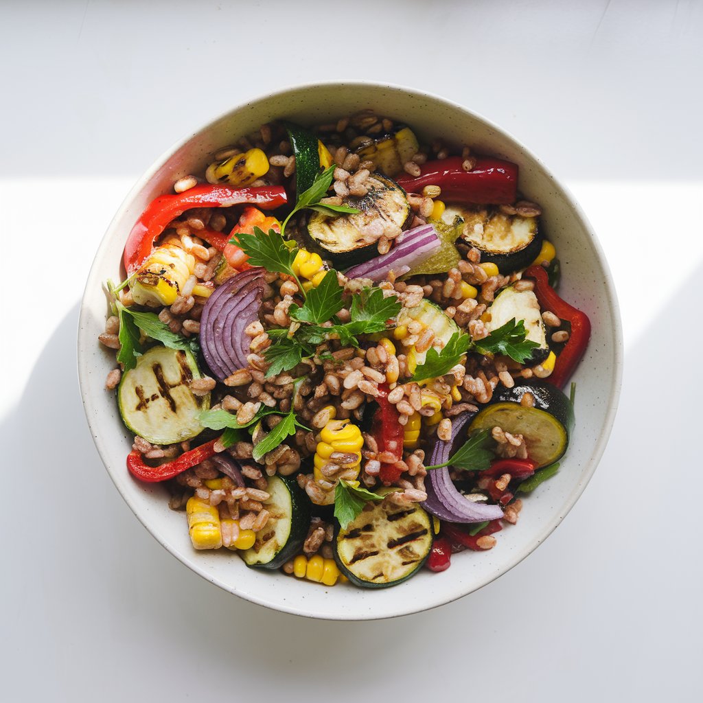 A rustic summer salad of roasted zucchini, bell peppers, red onions, and charred corn tossed with nutty farro and fresh parsley in a deep bowl. A light lemon-garlic vinaigrette glistens across the surface. The salad is placed on a bright plain white kitchen countertop, and natural light softly highlights the smoky grill marks on the vegetables and the texture of the farro grains, giving it a hearty and wholesome appearance.