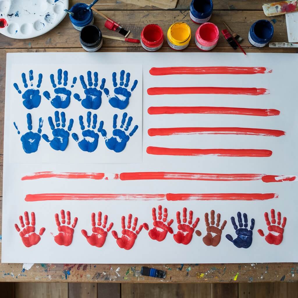 A heartwarming simple homemade craft featuring a large white poster board with a handprint-designed American flag. In the upper left corner, several blue five fingers handprints are layered together to form the “stars” section. The red stripes are made from small children's five figers handprints in bright red paint, carefully lined horizontally across the page. Some white space is intentionally left to separate the red stripes, mimicking the real flag. The children's tiny painted fingers show adorable imperfections, with a few smudges adding to the charm. The backdrop is a rustic wooden table scattered with extra paint jars and paintbrushes.
