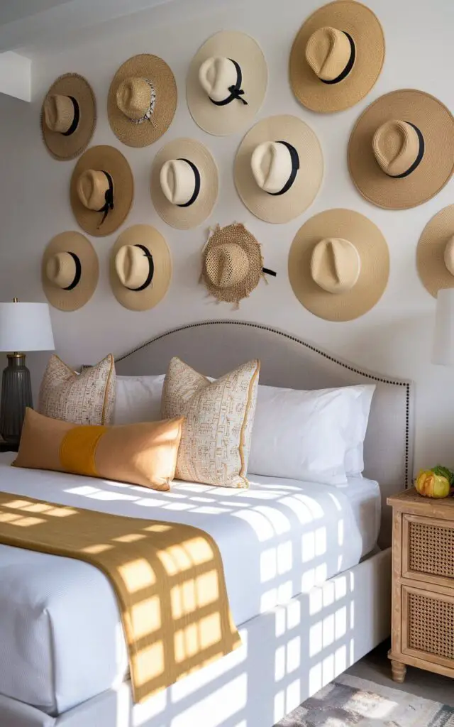 A photo of a creative, personality-filled summer bedroom. There is a five-star upholstered bed with white sheets and playful pops of yellow and tan in the cushions. Above the bed, there is a feature wall adorned with a casual yet curated pattern of sun hats. The hats vary in size and weave. The room is softly illuminated by morning light, casting gentle shadows that enhance the natural textures and summery character of the space.
