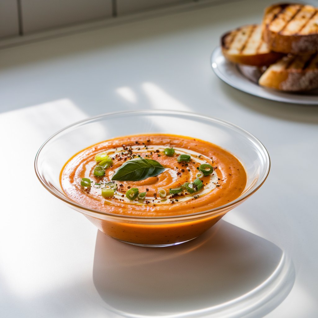 A photo of a sunset-orange summer soup in a shallow, wide glass bowl on a bright plain white kitchen countertop. The soup has a smooth consistency and is garnished with green onions, black pepper flakes, a light drizzle of extra-virgin olive oil, and a basil leaf. In the background, there is a plate of grilled bread. Natural light flows in from the left, casting soft shadows and illuminating the soup's glistening finish.