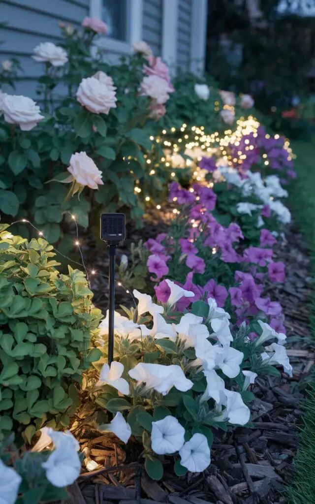 A photo of a magical, close-up shot of a flower bed lit by solar-powered stakes. The flower bed is in front of a house and contains roses, phlox, and vinca. Tiny fairy lights are woven through the low shrubs and flowering petunias, casting a gentle glow on the petals. The lighting highlights the texture of each bloom and outlines the flower bed's shape. The mulch gleams slightly in the light, reflecting warmth. This scene is an example of how strategic illumination can transform a flower bed into an enchanting evening feature.