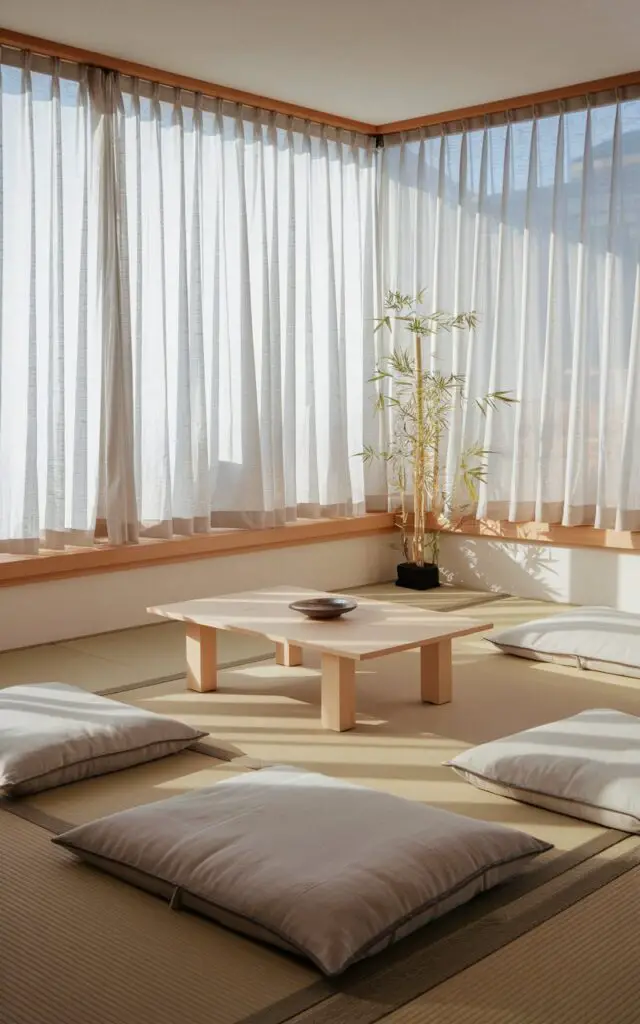 A photo of a Japanese living room with a light and neutral palette. There is a large window with sheer linen curtains, allowing morning light to fill the space. A minimalist Japanese low platform sofa is placed beneath the window, upholstered in an off-white cotton blend. The central chabudai table is framed by simple floor cushions. A slender potted bamboo plant is placed nearby. The room has a sense of movement and quiet rhythm, and the shadows shift gently throughout the space, inviting the sun to shape its minimalist calm.