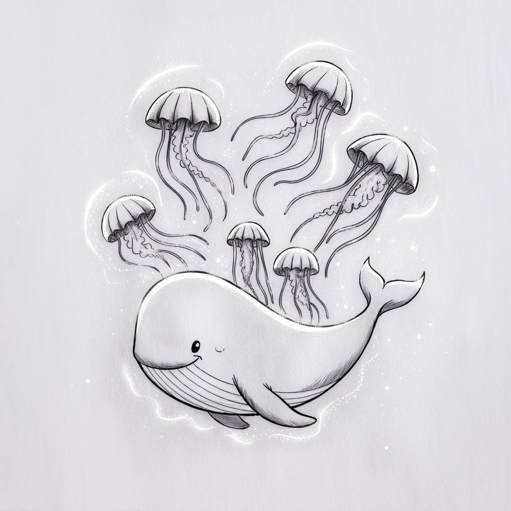 A minimalist, plain white background pencil drawing illustration of a whale accompanied by several jellyfish floating above its back. The whale is drawn in a simplistic style, with rounded lines outlining its body and a gentle smile on its face. The jellyfish are sketched with umbrella-like tops and long, trailing tentacles that flow in curved, elegant lines. Light shading on the jellyfish gives a glowing effect, creating contrast against the white background. The entire scene feels weightless and tranquil, emphasizing fluidity and companionship in motion.