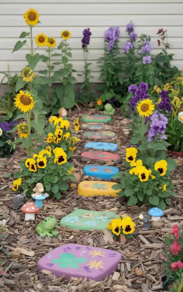 A photo of a flower bed in front of a house, decorated for children. The flower bed has sunflowers, snapdragons, and pansies planted at different heights, as well as painted stepping stones. There are also mini garden statues, like frogs, fairies, and mushrooms, hidden between the blooms. The mulch is soft and well-kept, creating a safe environment for young gardeners. The overall scene is whimsical, engaging, and durable, making it an ideal outdoor learning space for kids.