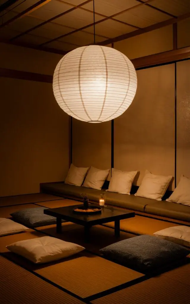 A photo of a minimalist Japanese living room with a large, glowing rice paper lantern suspended from the center. The lantern casts warm, ambient light on the room. Beneath the lantern, a chabudai table sits on woven tatami, surrounded by floor cushions. A Japanese low platform sofa runs along the back wall, with ivory cushions reflecting the lantern's glow. The walls are matte and pale, allowing the soft orb of light to take center stage. The room setup radiates intimacy and comfort, highlighting how one beautiful fixture can transform an entire space with warmth and calm.