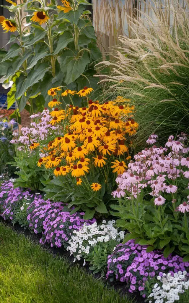 A vibrant, close-up image of a flower bed, neatly decorated with a tiered arrangement of blooms. In the background, tall sunflower stalks and ornamental grasses rise proudly, their height adding a striking vertical element. The middle layer bursts with mid-sized black-eyed Susans and cheerful echinacea, while the foreground is rich with low-growing sweet alyssum and creeping thyme that gently spill over the border. The flower bed is set against a trimmed lawn, with sunlight casting gentle highlights across the petals and leaves, emphasizing the layered structure and lush fullness of the planting.