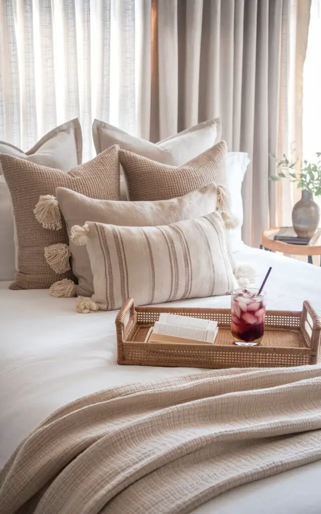 A photo of a softly styled summer bedroom with a 5 star bed. The bed has crisp white sheets, a gauze cotton throw, and pillows in a mix of waffle knit, linen, and fringe. The breathable texture without bulk creates a cozy atmosphere. A rattan tray with a book and iced lavender tea is placed on the bed. The neutral palette of whites, creams, and soft taupe is lifted by natural sunlight filtering through linen drapes, creating a relaxed but tactile haven.
